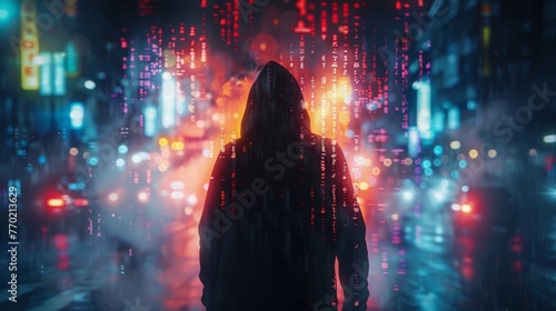 Double exposure, With a computer, a hacker is currently engaged in a cyber attack