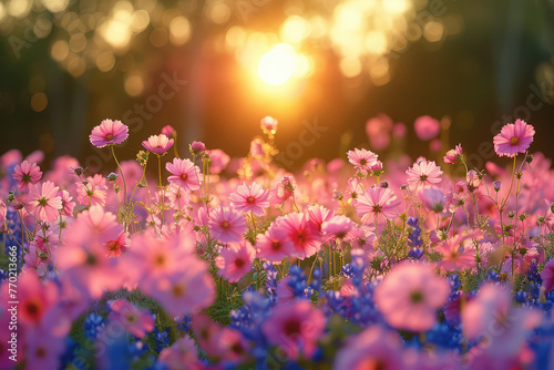 A field of pink and purple flowers, with the sun setting in the background. Created with Ai © Artistic Assets