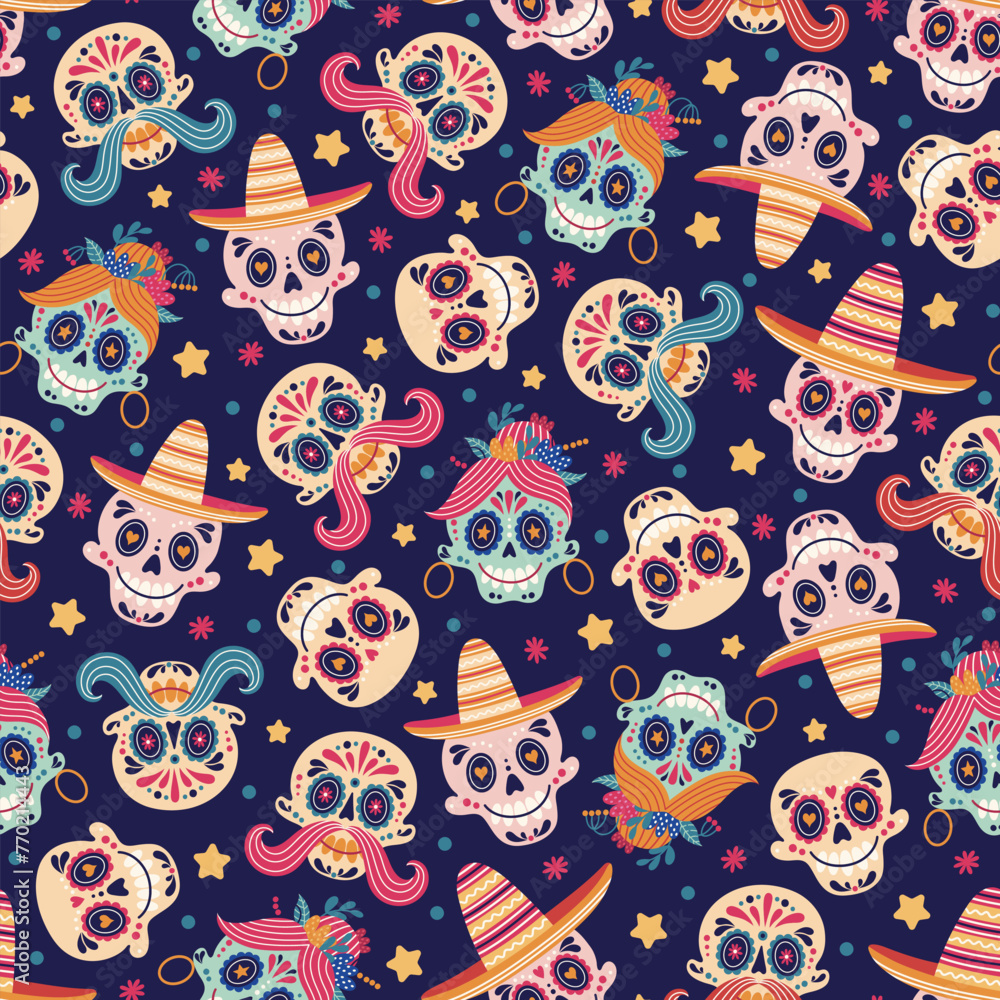 Sugar skulls seamless vector pattern. Head of a woman with an ornament, earrings, flowers. Faces of men with sombrero, mustache. Mexican masks for Cinco de Mayo, Day of the Dead. Festive background Sugar skulls seamless vector pattern. Head of a woman with an ornament, earrings, flowers. Faces of men with sombrero, mustache. Mexican masks for Cinco de Mayo, Day of the Dead. Festive background
