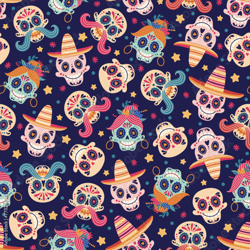 Sugar skulls seamless vector pattern. Head of a woman with an ornament, earrings, flowers. Faces of men with sombrero, mustache. Mexican masks for Cinco de Mayo, Day of the Dead. Festive background
