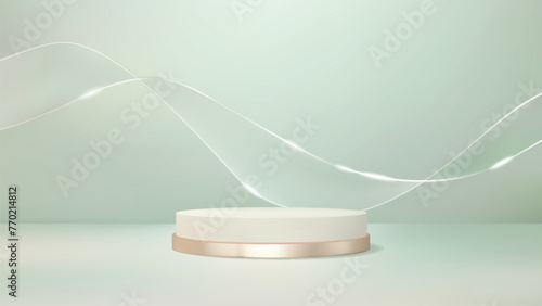 Product display background, minimalist luxury white and gold circle podium with curve silver lines, green tone