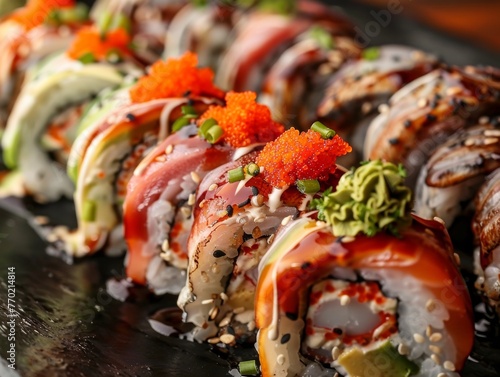 Fusion sushi rolls that blend traditional Asian flavors with global cuisines photo