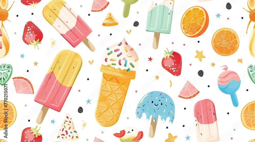Ice cream and popsicles seamless pattern, a sweet and colorful dessert theme . Seamless Pattern, Fabric Pattern, Tumbler Wrap.