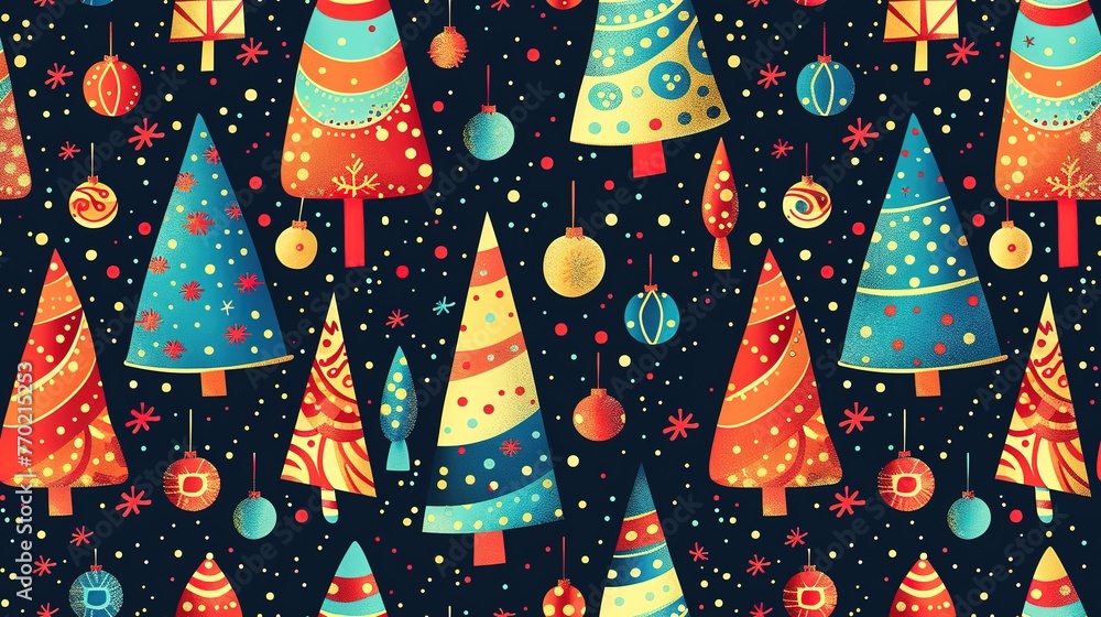 Seamless pattern of whimsical Christmas trees with colorful lights, festive ornaments . Seamless Pattern, Fabric Pattern, Tumbler Wrap.