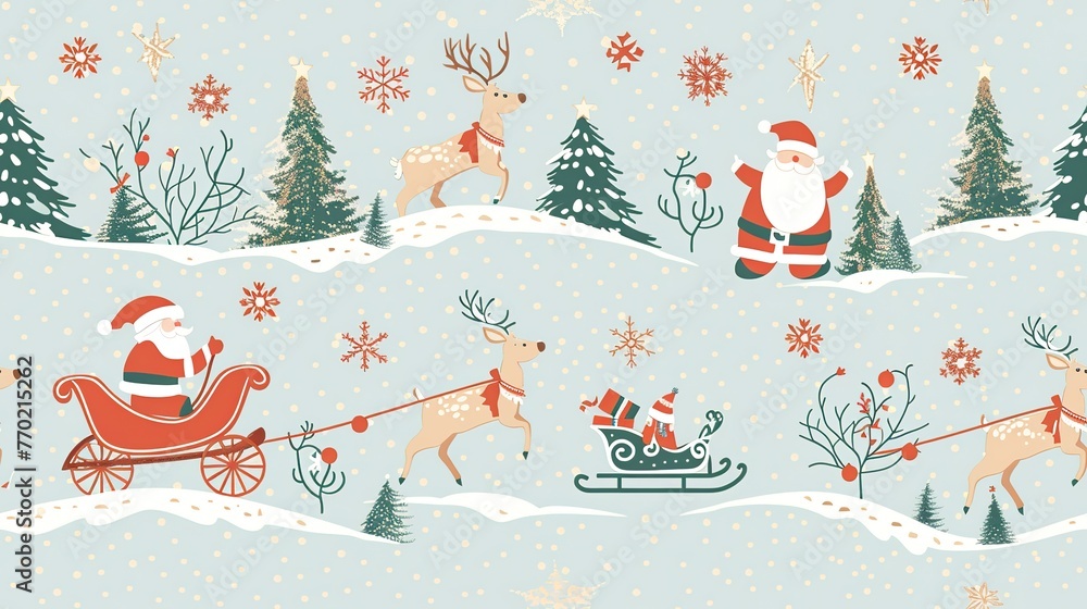 Retro-inspired seamless Christmas pattern with Santa Claus, reindeers, and sleighs on snowy background. Seamless Pattern, Fabric Pattern, Tumbler Wrap.