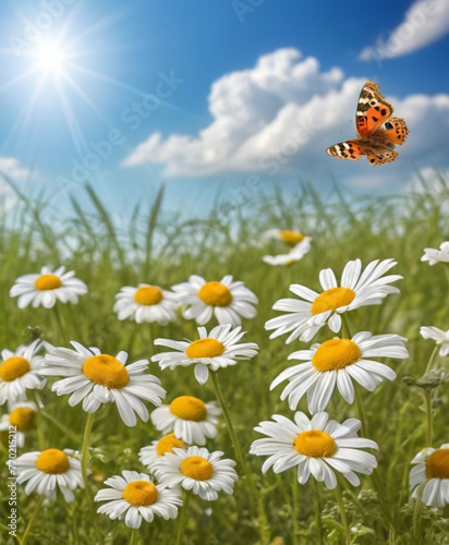 Sunlit field of daisies with fluttering butterflies. Chamomile flowers on a summer meadow in nature, panoramic landscape.  © Peacock