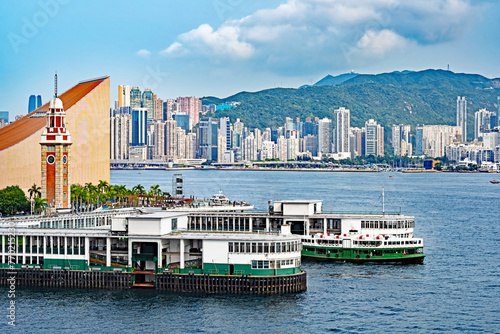 Vew of the Star Ferry terminal in Kowloon with the Hong Kong skyline in the background.