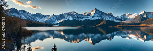 Mountains towering over a serene lake