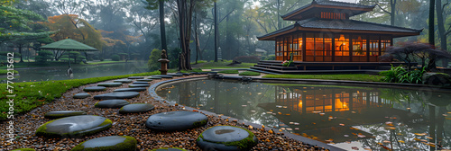 Calm and serene view of a tranquil garden ,
Rain falls over the cottage in the style of traditional chinese landscape

