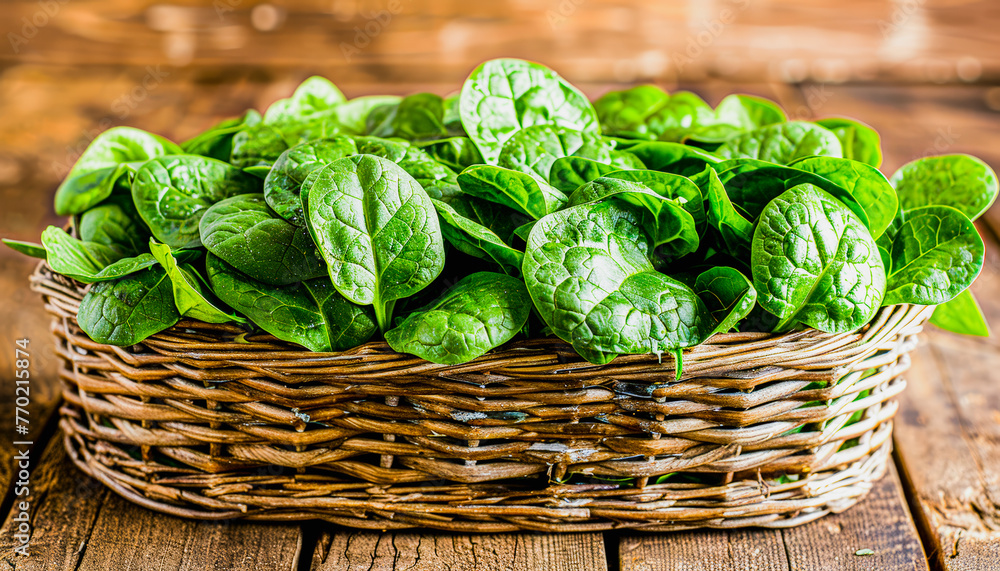 A basket filled with spinach leaves, a leaf vegetable, sits on a wooden table. Spinach is a popular ingredient in many dishes across cuisines A basket filled with spinach leaves, a leaf vegetable, sits on a wooden table. Spinach is a popular ingredient in many dishes across cuisines