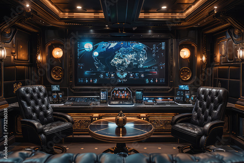 A large screen is hung on the wall of an expensive and luxurious cyberpunk style home office, displaying images from different villages across Earth. There are also black leather chairs.