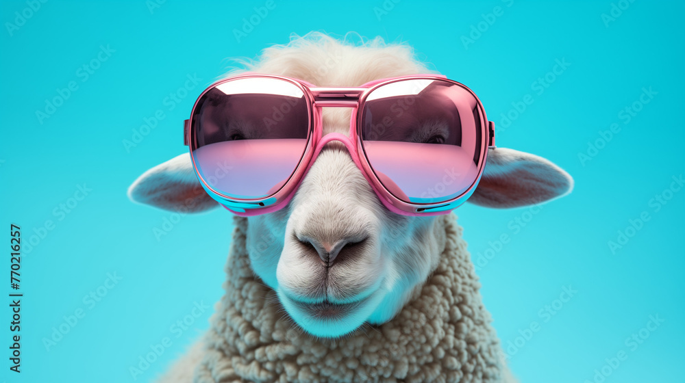 Funny close up portrait of a domestic sheep wearing pink sunglasses. Minimal humorous concept of enthusiasm and optimism or an optimist seeing the world through rose-colored glasses