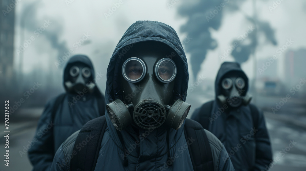 Activists wearing gas masks protesting against industrial air pollution Activists wearing gas masks protesting against industrial air pollution