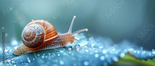 A snail slowly climbing a dewy leaf, persistence and detail