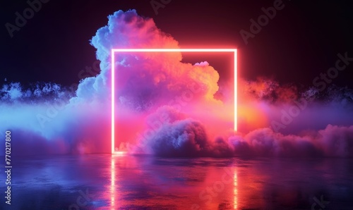 3d render, illuminated cloud and colorful neon square glowing in the dark room, abstract geometric background. Minimalist fantastic wallpaper. Rectangular frame blank, Generative AI 