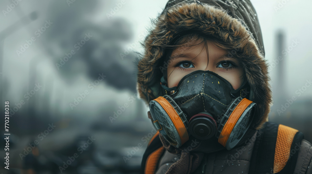 Close-up of a child wearing a respirator, surrounded by smog, photorealistic Close-up of a child wearing a respirator, surrounded by smog, photorealistic