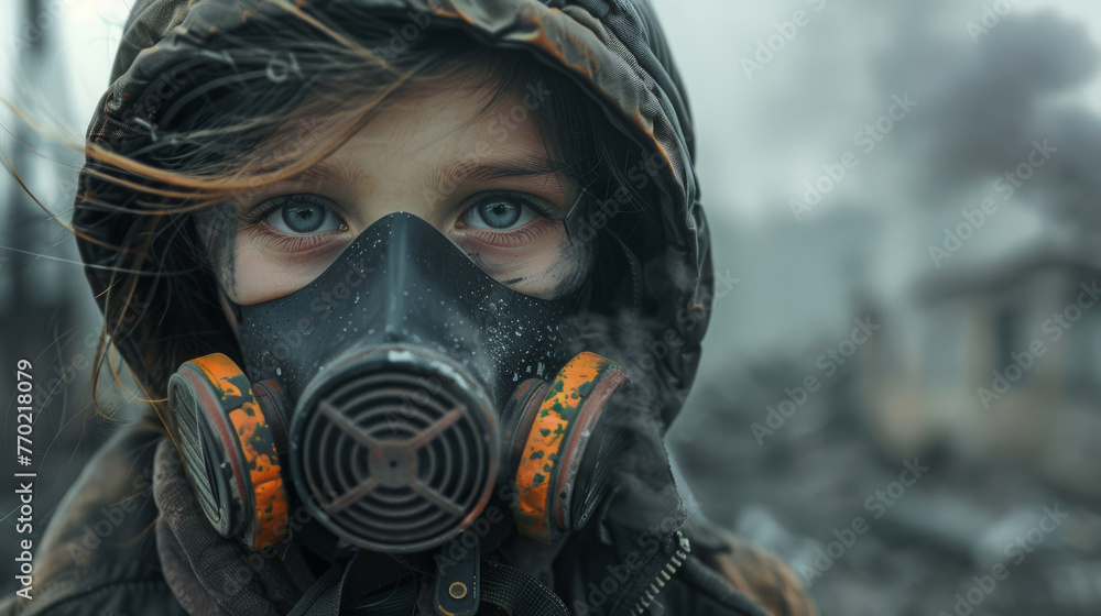 Close-up of a child wearing a respirator, surrounded by smog, photorealistic Close-up of a child wearing a respirator, surrounded by smog, photorealistic