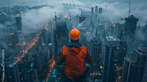 Construction worker atop a skyscraper, city beneath, building dreams