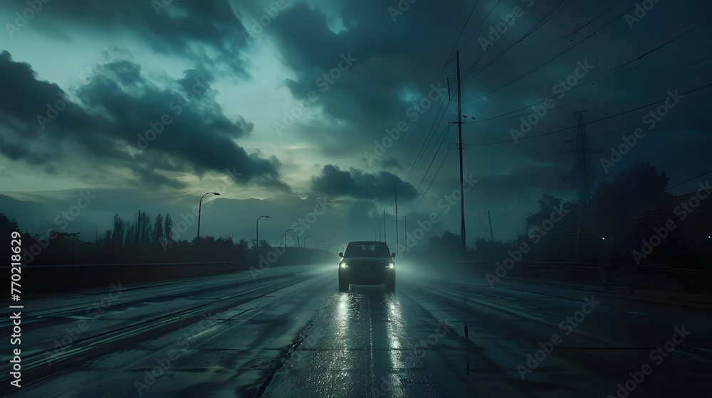 car on the highway expressway in the dark storm approaching - obrazy, fototapety, plakaty 