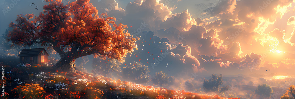 fire in the sky,
Sci-fi landscape with house next to a tree