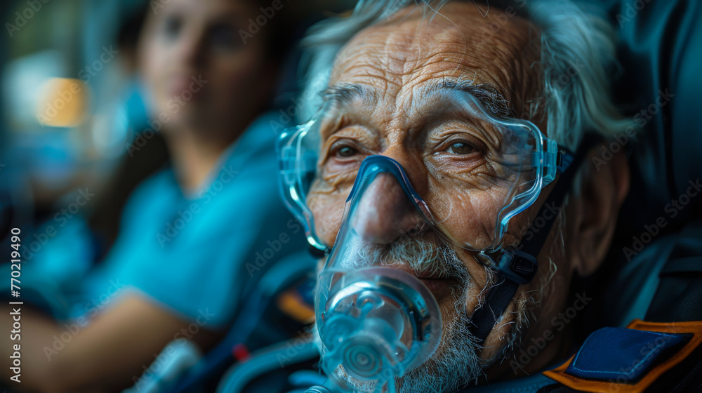 Fototapeta premium A senior patient receiving respiratory support from a healthcare professional. The patient is seated and wearing an oxygen mask