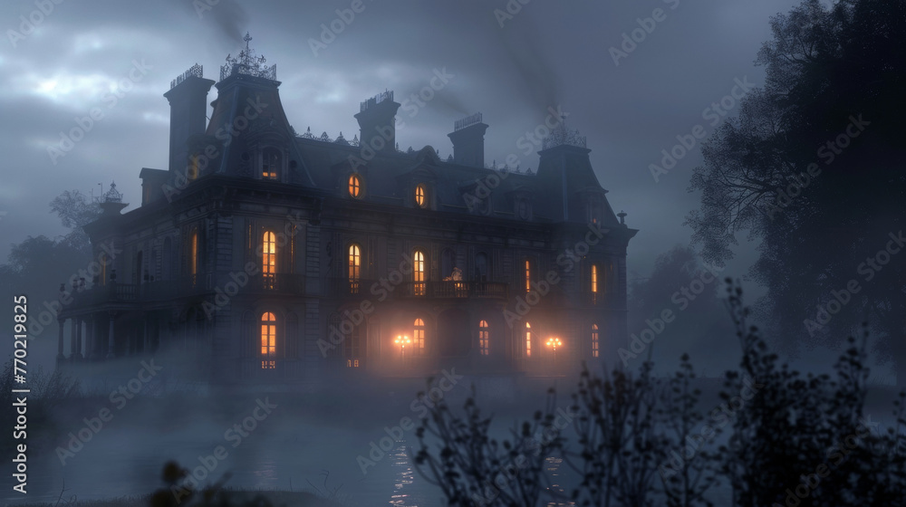 Amidst the foggy moors a grand mansion stands tall its windows aglow with flickering candles and hidden mysteries. . .