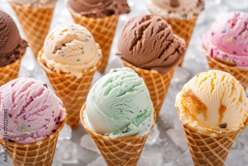 Ice cream with different toppings in waffle cones
