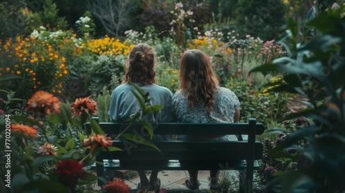 In the midst of the garden two individuals sit on a bench backs to the camera as they engage in deep conversation journey . . photo