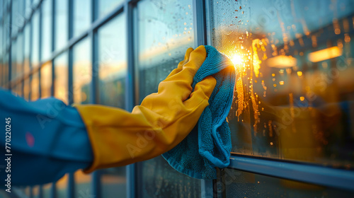 Close-up of the gloved hand of a glass cleaner cleaning the windows of the facade of a building with a green cloth and cleaning products.