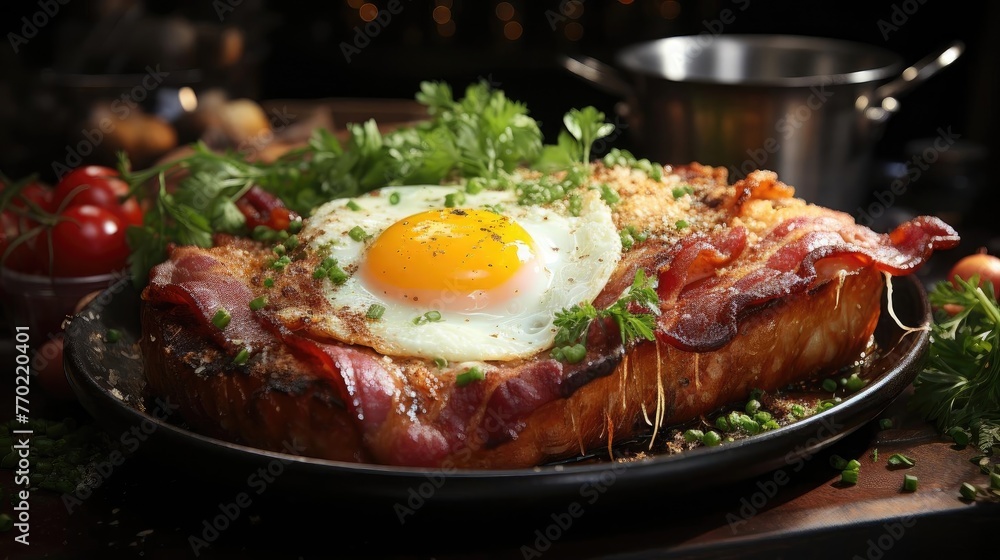 crispy bacon with egg on top, black and blurry background crispy bacon with egg on top, black and blurry background