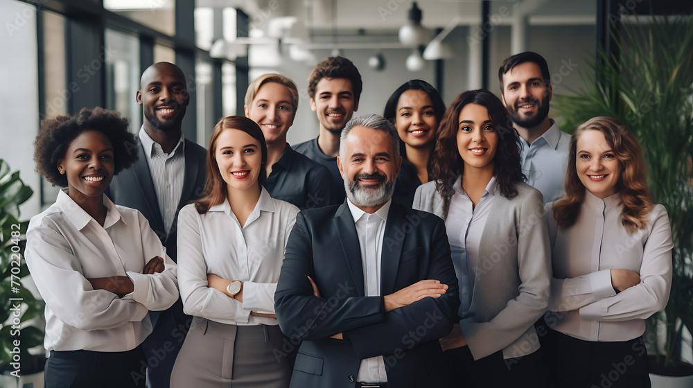 Diverse team of professional individuals posing confidently in a modern office setting, exuding teamwork and success
Diverse team of professional individuals posing confidently in a modern office setting, exuding teamwork and success