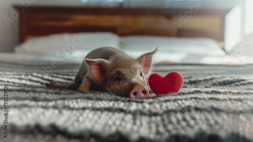Adorable Cute Piglet with Red Heart on Cozy Blanket