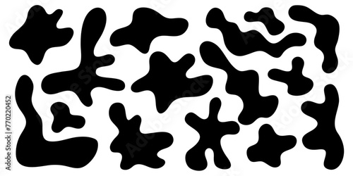Black wavy blobs. Collection of black silhouette liquid shapes isolated on white background. Set of abstract black organic shaped blobs. Black blotch irregular form vector illustration.