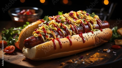 hotdog with a large sausage filled with melted mayonnaise and a sprinkling of chopped greens