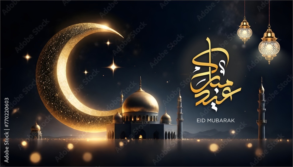 glowing crescent moon for eid mubarak festival in blue  text gold background - obrazy, fototapety, plakaty 