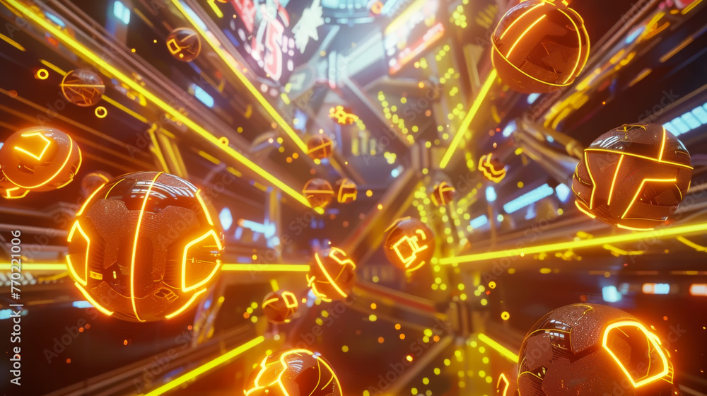Virtual sports with betting objects flying around in an ultra realistic environment with yellow neon lights and a cinematic effect