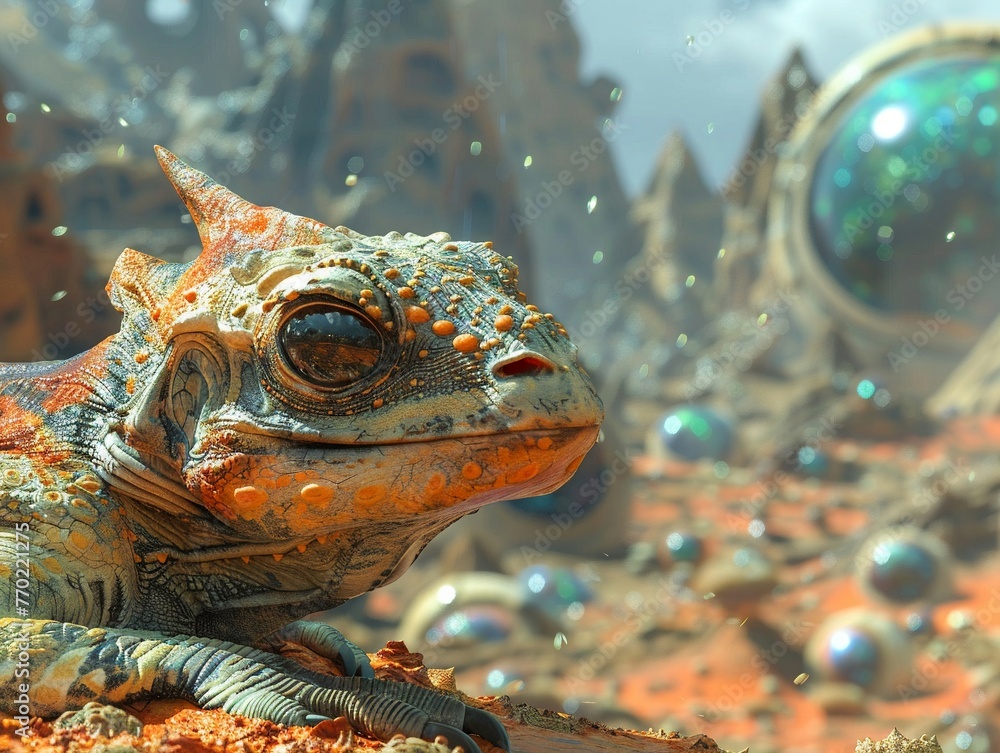 Design a scene from an eye-level angle showcasing the diverse fauna of an alien world