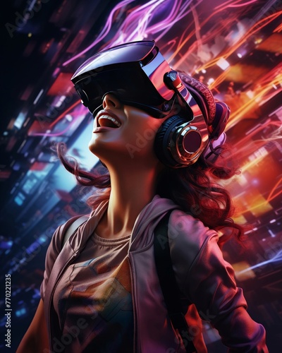 Create a visually engaging composition with a dramatic tilted angle view of a virtual reality user facing ethically challenging scenarios within the virtual world © AcousticGal