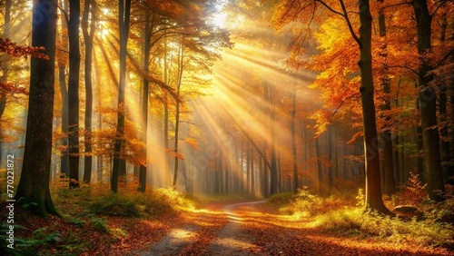 Sun beams in an autumn morning forest