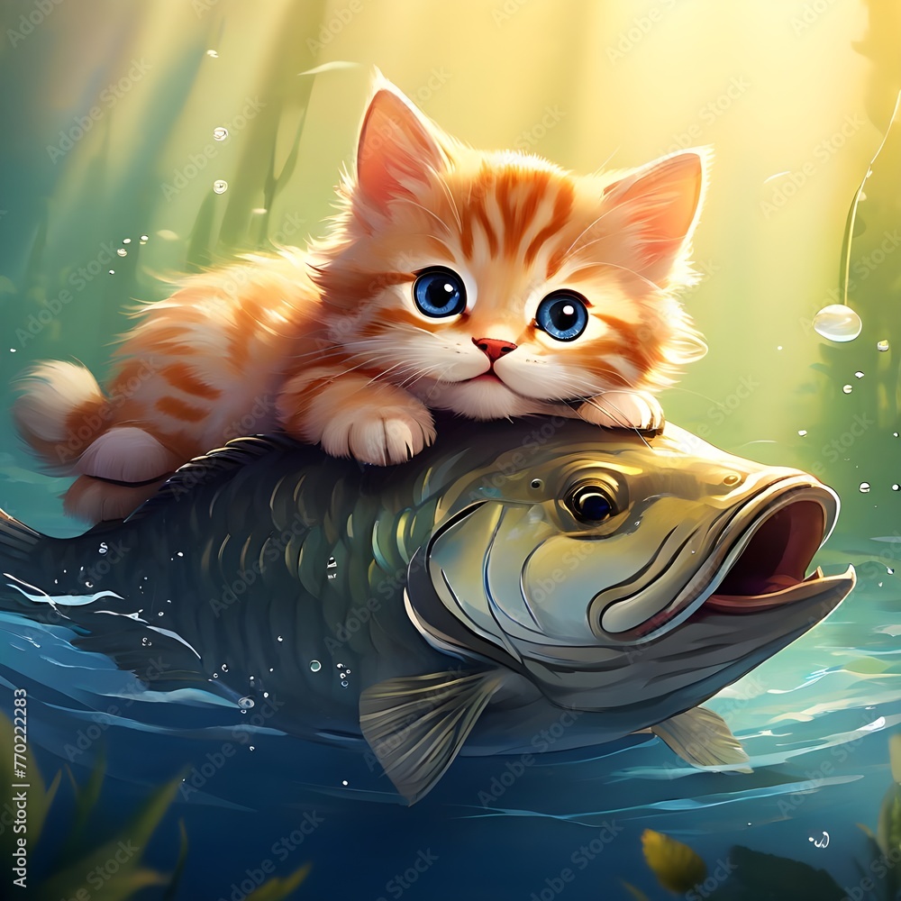 A cute kitten lying on a huge fish. Generative AI