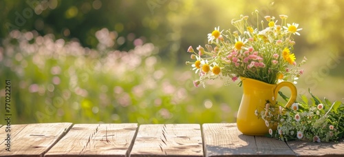 Yellow pitcher with daisies on wooden table