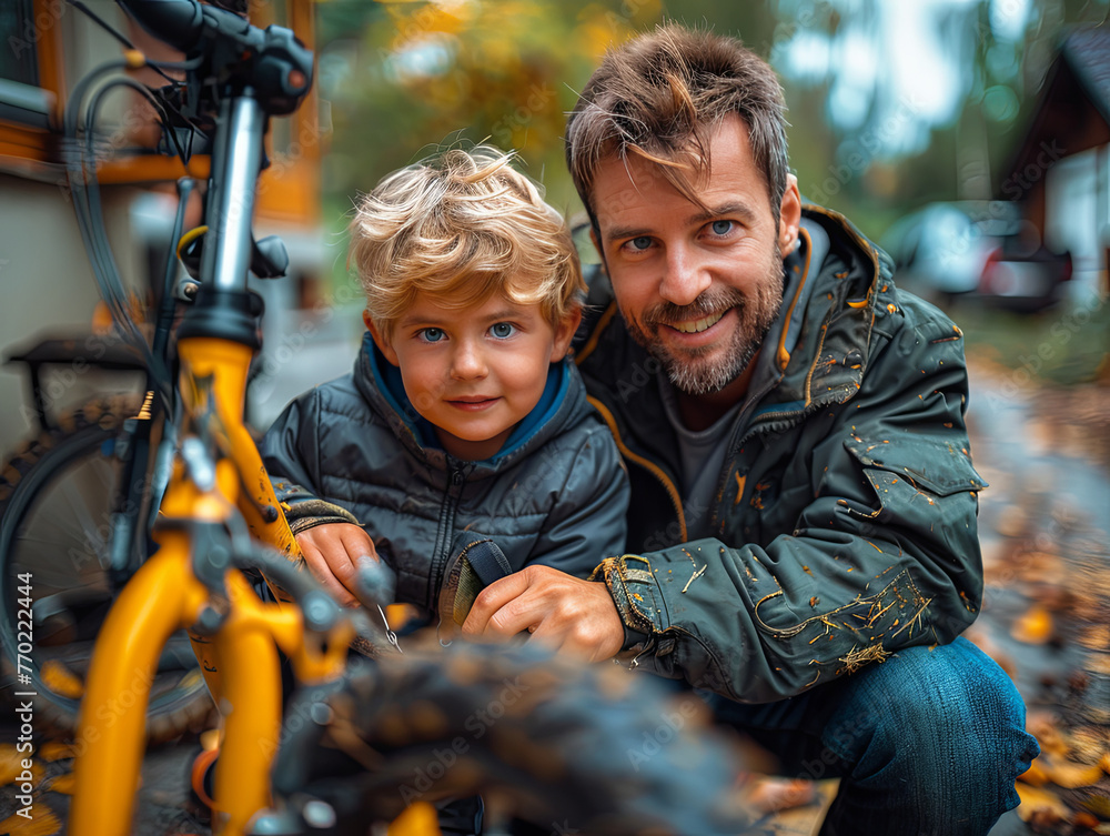 Fototapeta premium Joyful father and son smile while looking at a bike, surrounded by the beauty of an autumn day and fallen leaves