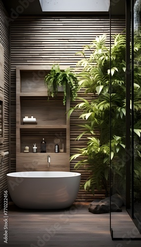 Bathroom design, interior design, architecture, Modern Spa Retreat: Stylish Scandinave Bathroom with Vertical Wood Wall and Tropical Plant