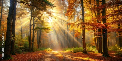 Sun beams in an autumn morning forest © vectorize