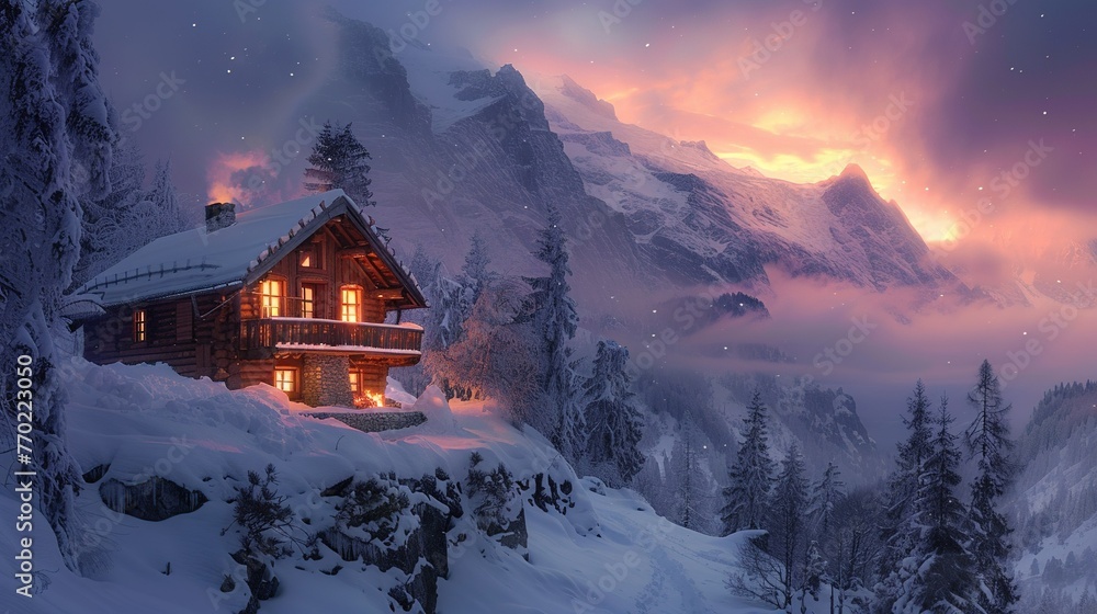 house in the mountains at night