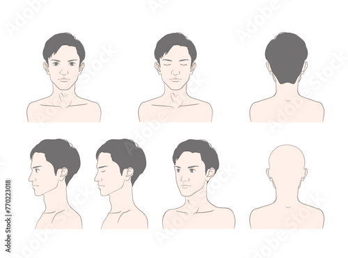 20代・30代の若い男性の顔のイラストセット（正面・横顔・斜め・後ろ姿）