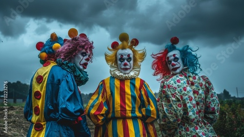 Against a dark sky a trio of clowns stand with backs to the camera exaggerated poses and bright costumes creating an unsettling . . © Justlight