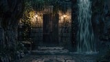 house exterior dark door wide shot of brutalist ancient brutalist dungeon room cave entrance, waterfall, realistic, cinematic, dramatic lighting, cinematic composition