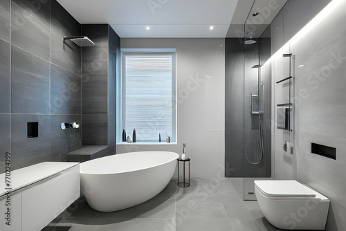 Modern bathroom interior with minimalistic shower and lighting  white toilet  sink and bathtub. Modern bathroom interior