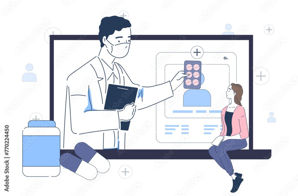 Online doctor with patient simple. Man in medical uniform with pills near patient. Telemedicine and remote call. Medicine, health care and treatment. Doodle flat vector illustration